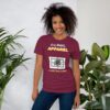 a woman in I HATE THIS THING maroon tee