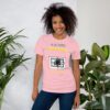 a woman in I HATE THIS THING pink t shirt